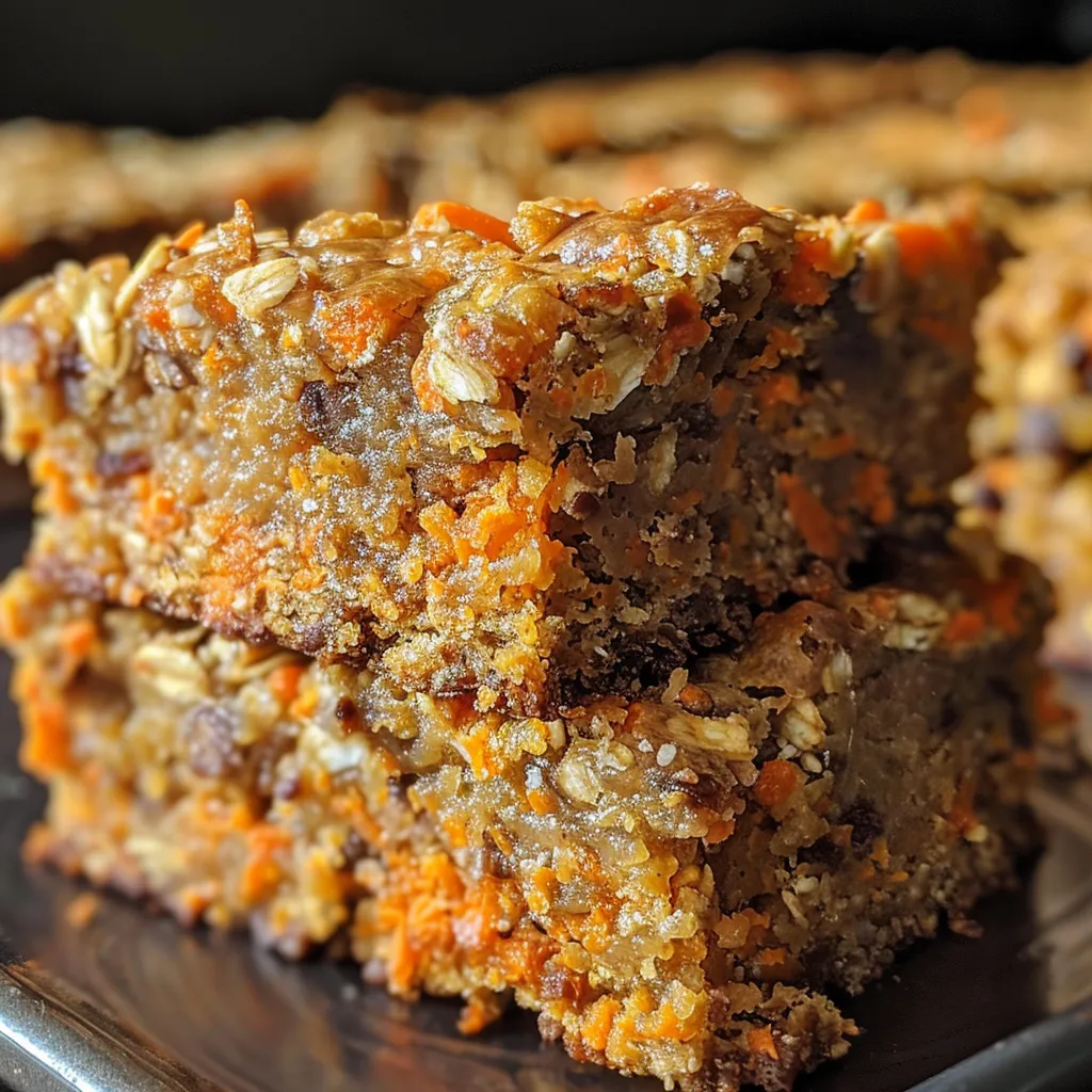 Delicious carrot cake breakfast bars stacked, highlighting the rich colors of carrots and spices.