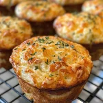 Warm Cheese and Herb Muffins displayed on a wooden surface with visible herbs and cheese.