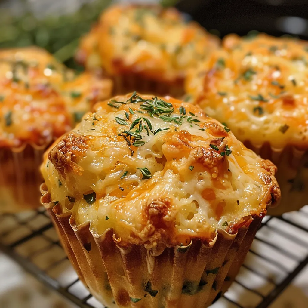 Freshly baked muffins with melting cheese and visible herbs, ready to be enjoyed.