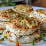 Close-up photo of Chicken Pot Pie Biscuit Cups showcasing golden biscuit layers and rich filling.