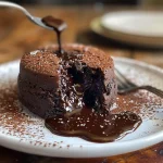 A decadent chocolate lava cake cut open, revealing its molten core.