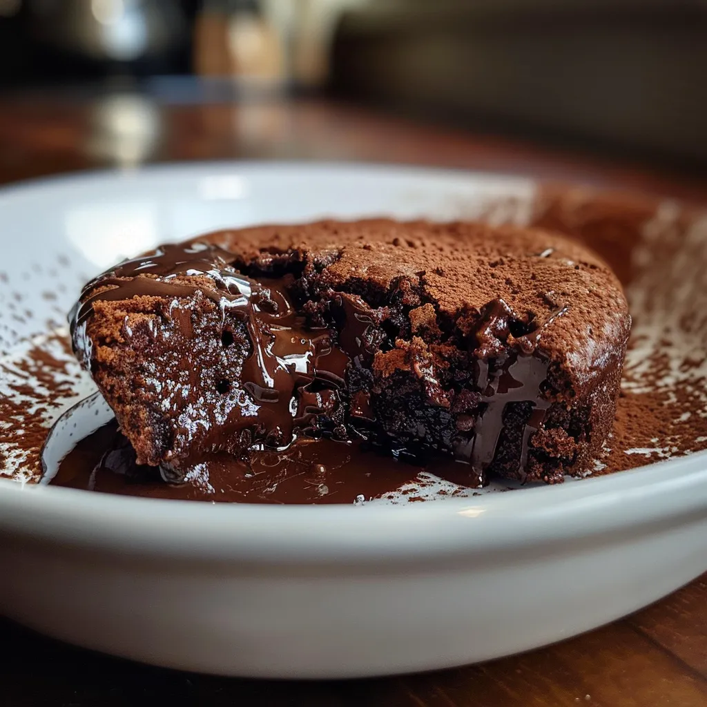 A slice of Choco Lava cake, dripping with warm chocolate sauce on a plate.