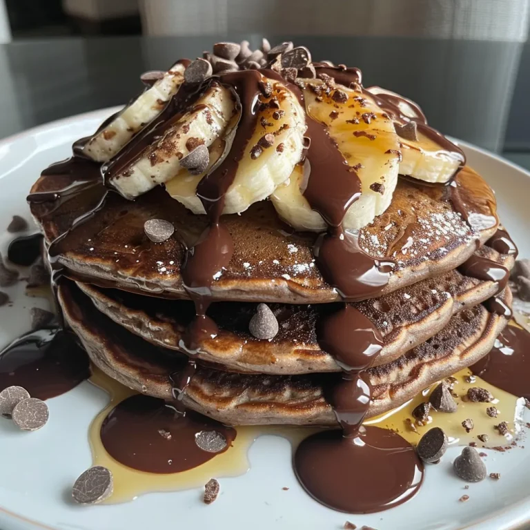 Delicious chocolate protein pancakes presented with a chocolate drizzle and fresh banana slices.