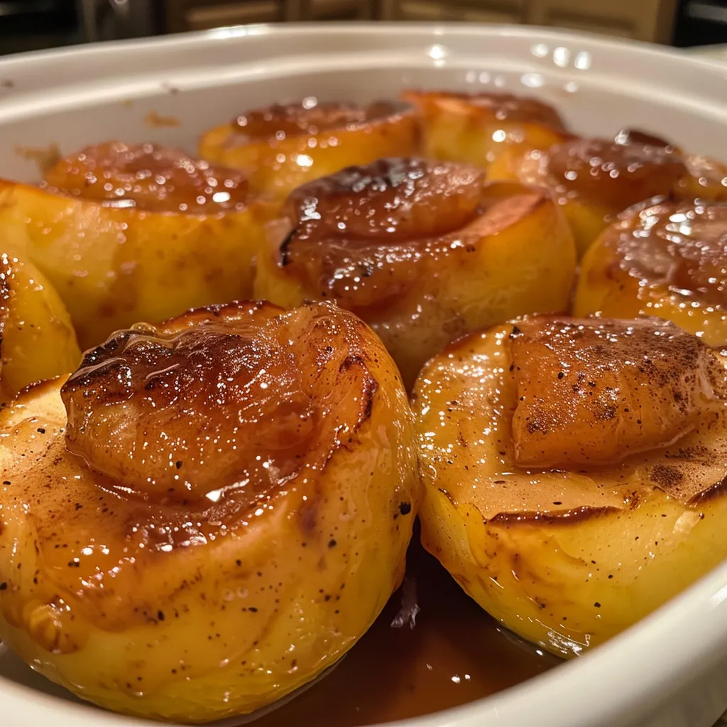 Appetizing side view of cinnamon-baked apples, highlighting their tender texture.