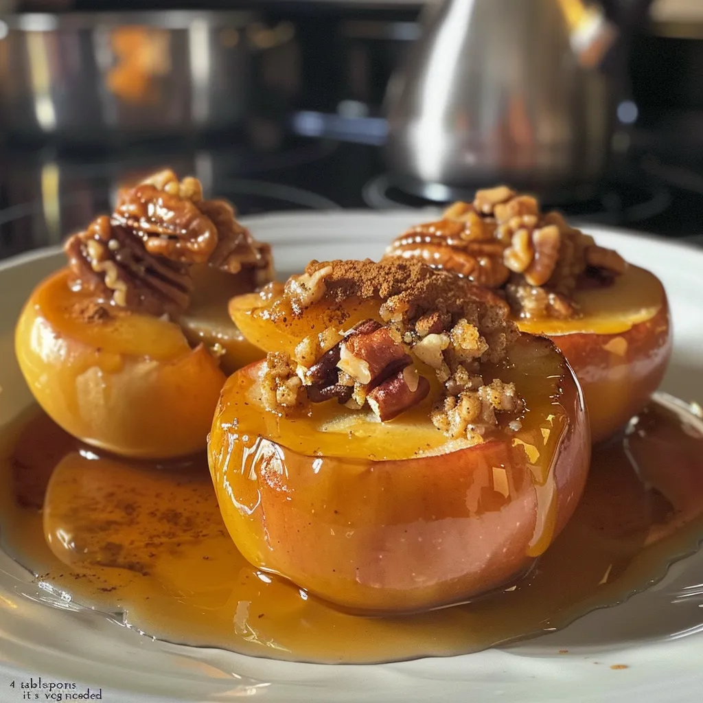 Sliced baked apples showing a crumbly topping of walnuts and oats.