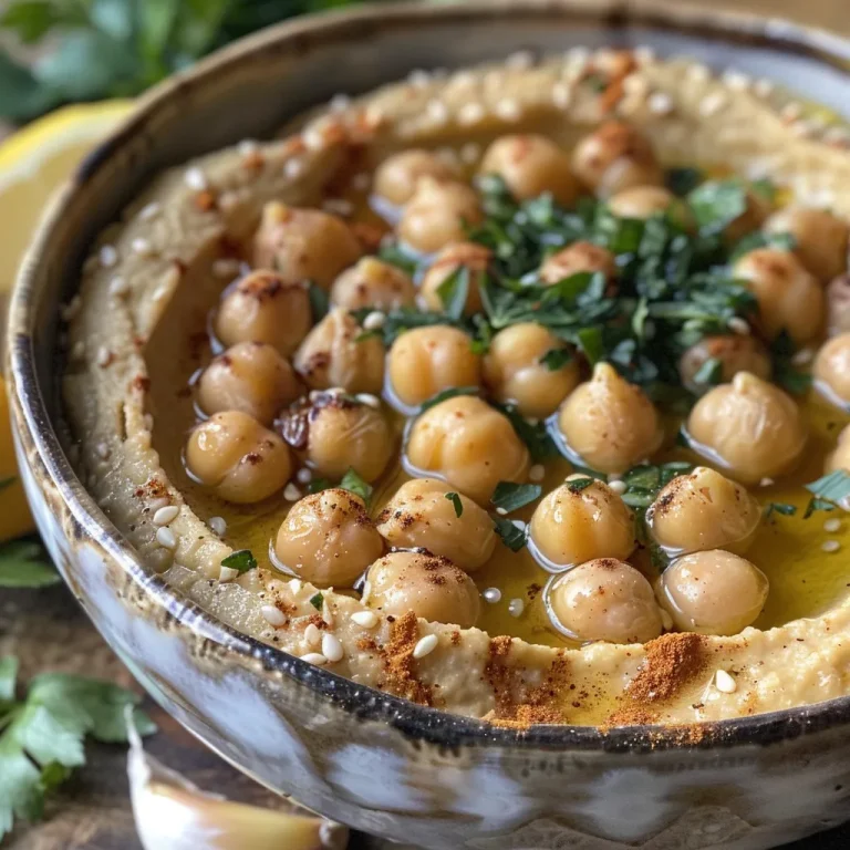 Delicate presentation of lemon garlic hummus, with a drizzle of olive oil and sprinkles of cumin on top.