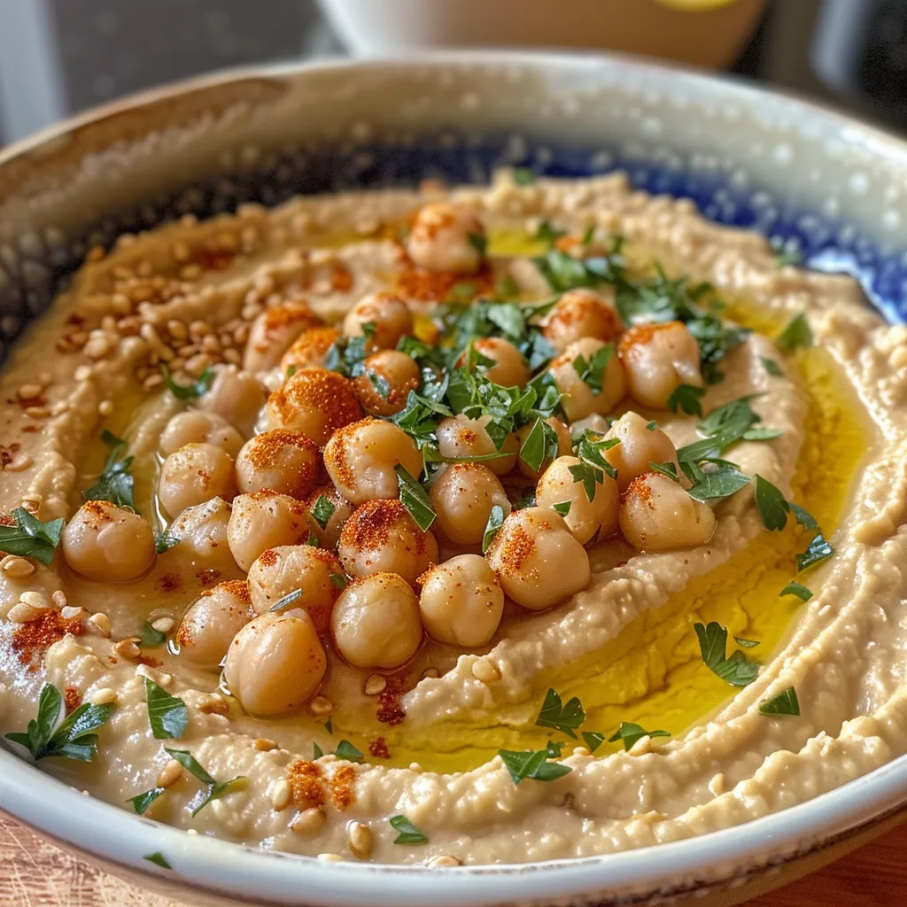 Close-up of a bowl filled with vibrant lemon garlic hummus, emphasizing its creamy consistency.