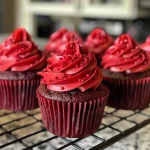 Detailed image of moist red velvet cupcakes topped with a swirl of cream cheese icing.