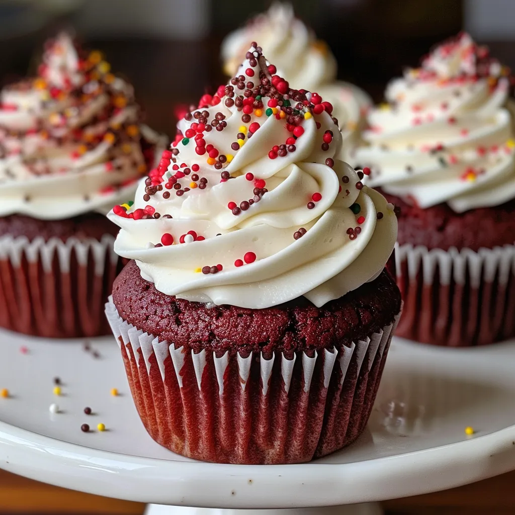 Tempting side view of a red velvet cupcake, highlighting its fluffy texture and vibrant red color.