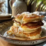 A delectable serving of coconut cream pancakes with a glossy finish.