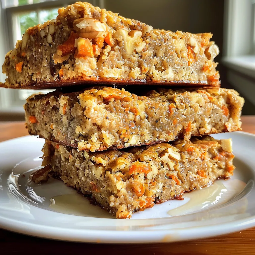 A side view of juicy cottage cheese carrot cake bars ready to be served, with a slice slightly removed.