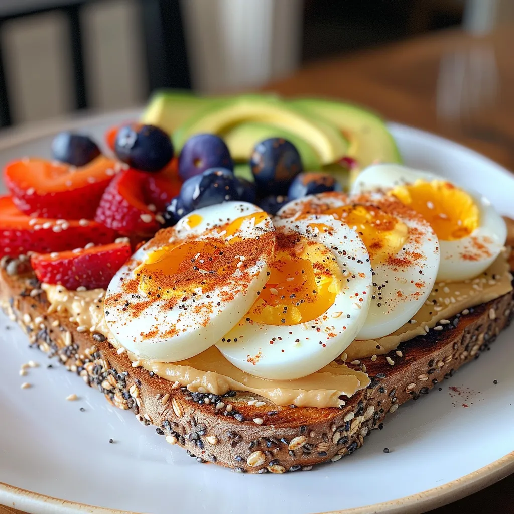 Gourmet toast with sprouted bread, cottage cheese, and a variety of fresh toppings like avocado and cherry tomatoes.