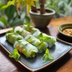 Colorful cucumber and avocado rice paper rolls arranged neatly on a surface.