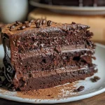 A slice of dark chocolate cake showcasing its layers and texture.