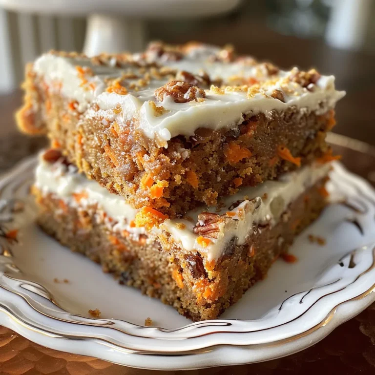 Indulge in the Irresistible Delight of Decadent Carrot Cake Bars Juicy carrot cake bars garnished with a thick layer of frosting.