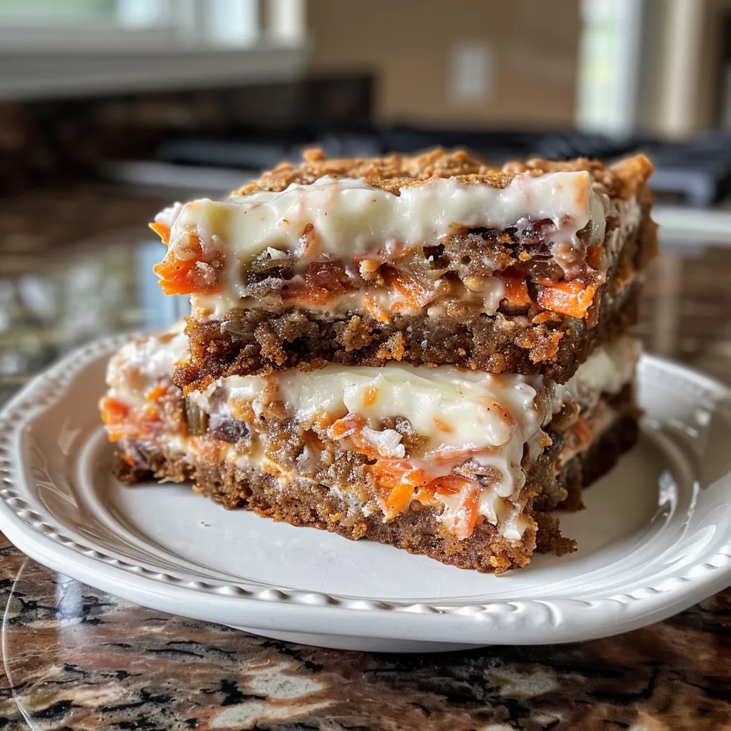 Delicious carrot cake squares with cream cheese topping showcased.
