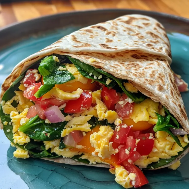 Start Your Day Right: The Energizing Egg and Spinach Breakfast Wrap Close-up of a whole-wheat tortilla wrap filled with scrambled eggs and spinach leaves.
