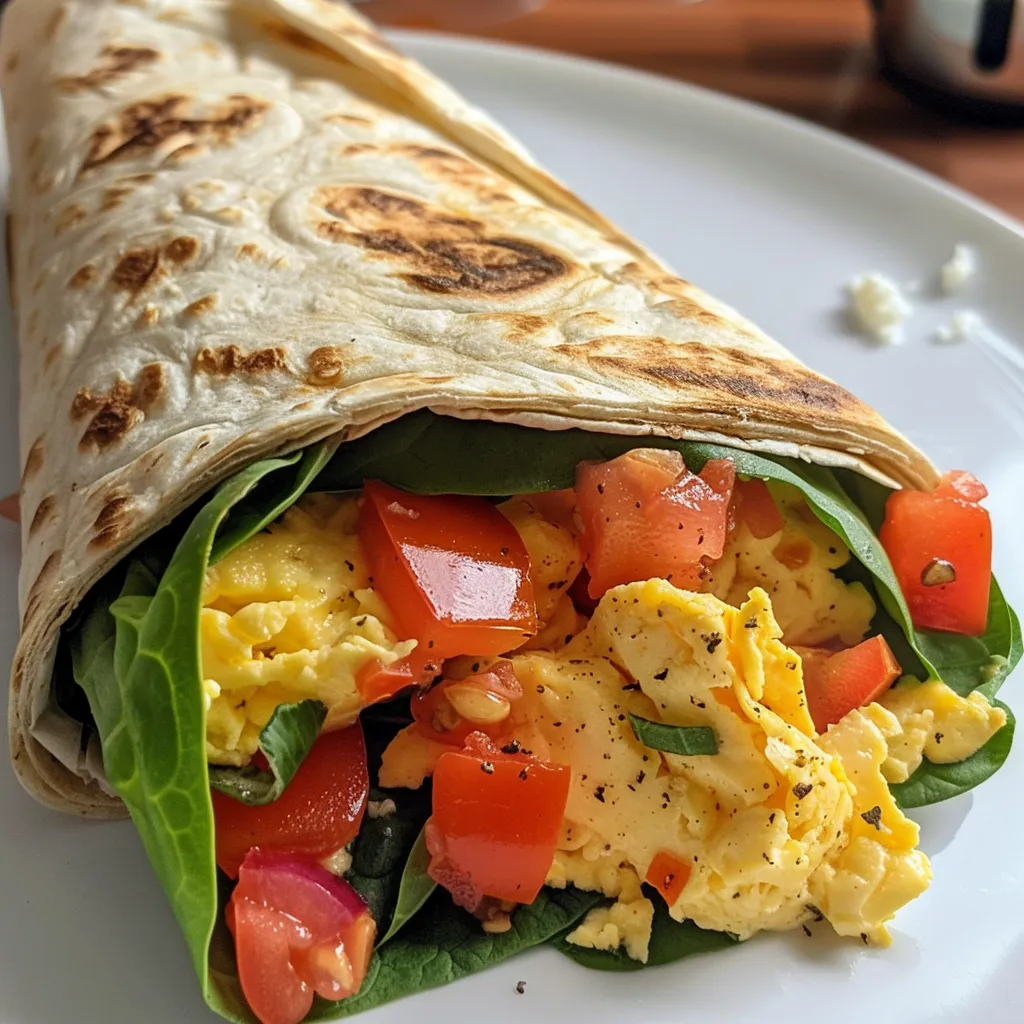 A delicious breakfast wrap with visible layers of eggs, spinach, and diced peppers.