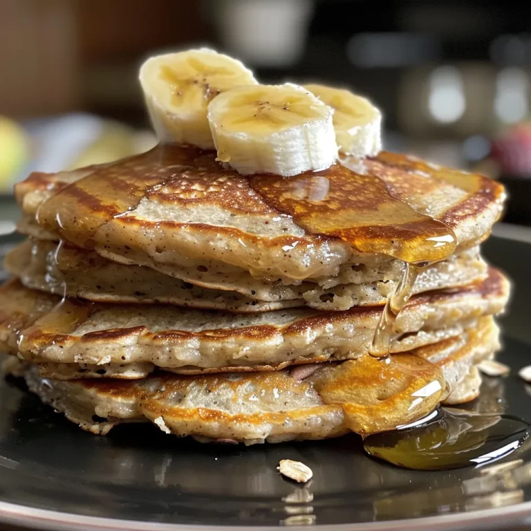 Juicy banana oat pancakes with a golden-brown exterior, garnished with fresh fruit.