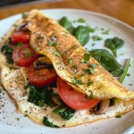 Fluffy omelet showcasing chopped spinach, diced tomatoes, and sliced mushrooms with a golden edge.
