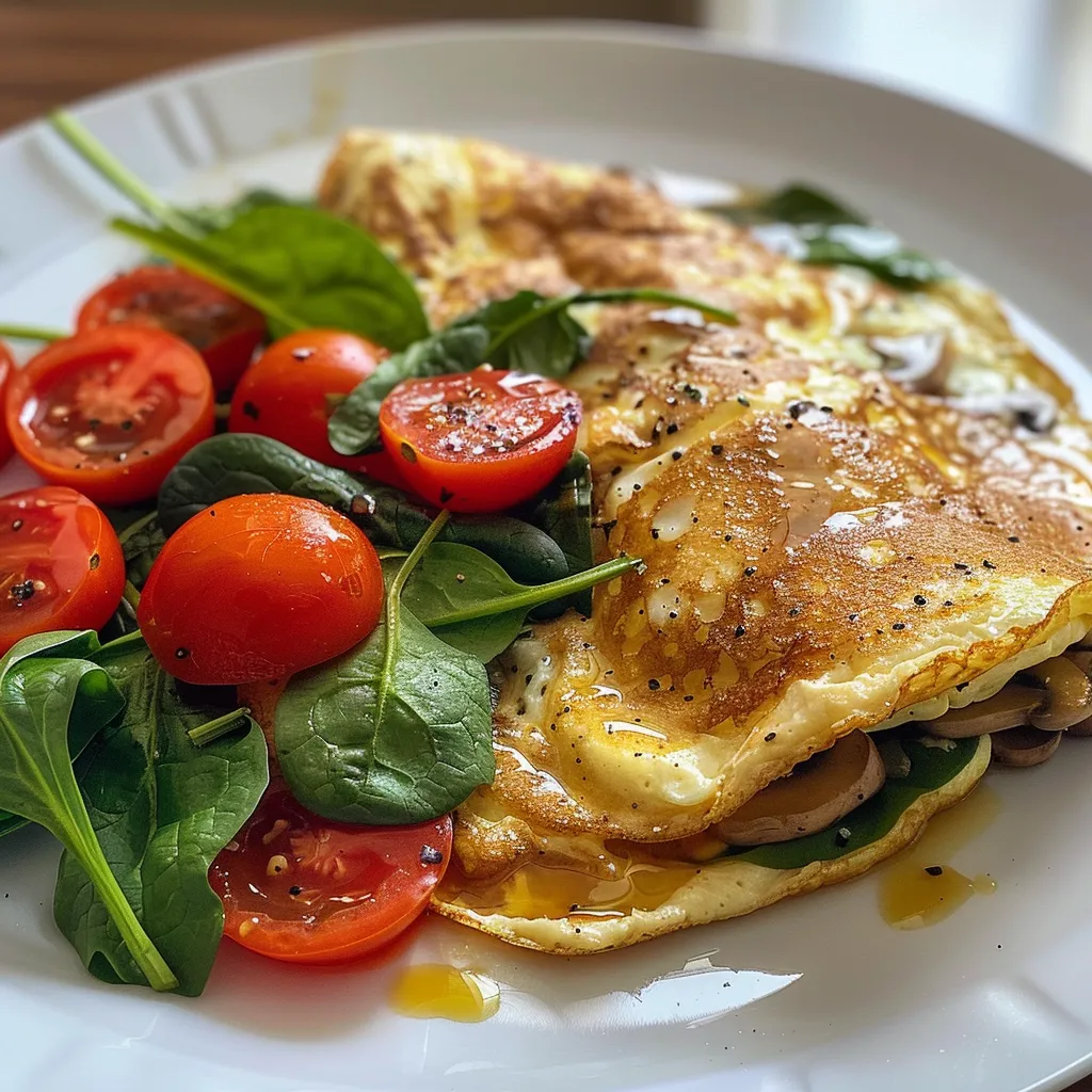 Delicious egg white omelet with a colorful assortment of vegetables, viewed from the side.