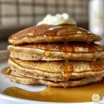 Deliciously fluffy pancakes drizzled with maple syrup on a wooden table.