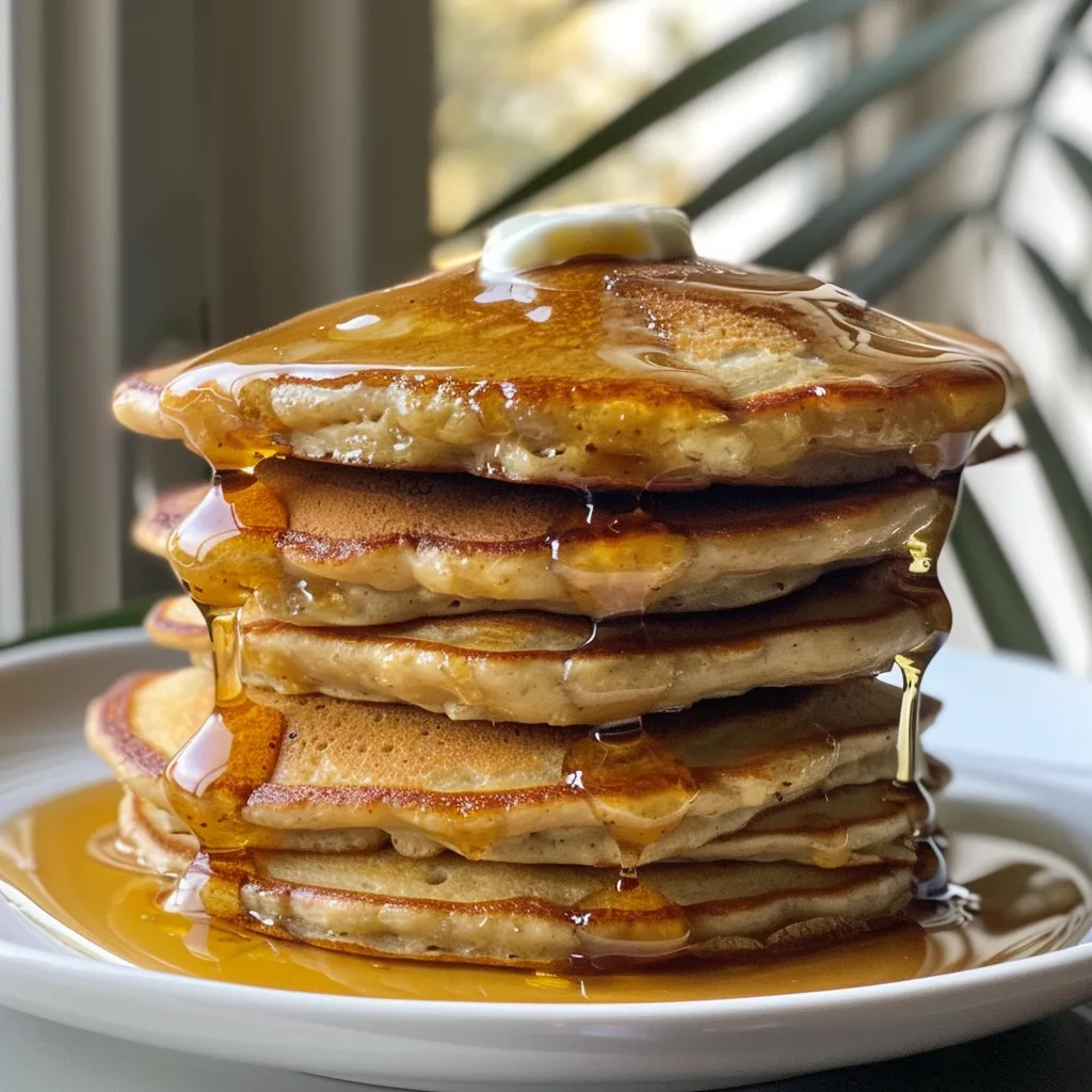 Juicy oat flour pancakes with syrup, highlighted in a side view shot.