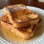 Juicy French toast dusted with powdered sugar and garnished with fruit.