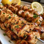 Side view of tender chicken skewers garnished with parsley and garlic.