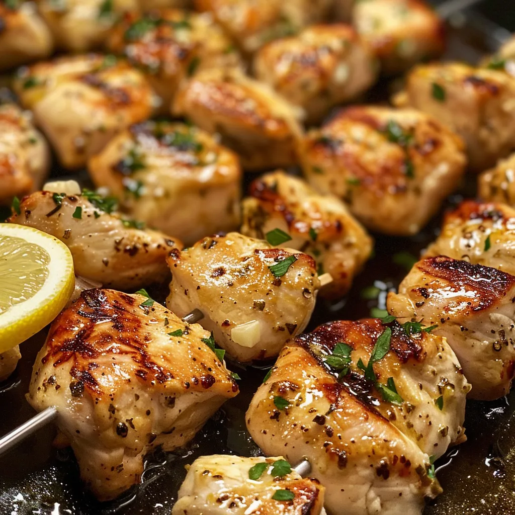 Juicy chicken pieces on skewers, drizzled with olive oil and sprinkled with herbs.