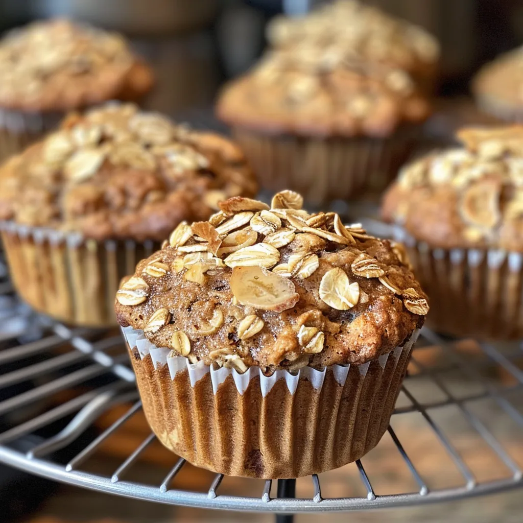 Juicy, baked banana oat muffin with a thick crust and sprinkled oats on top.