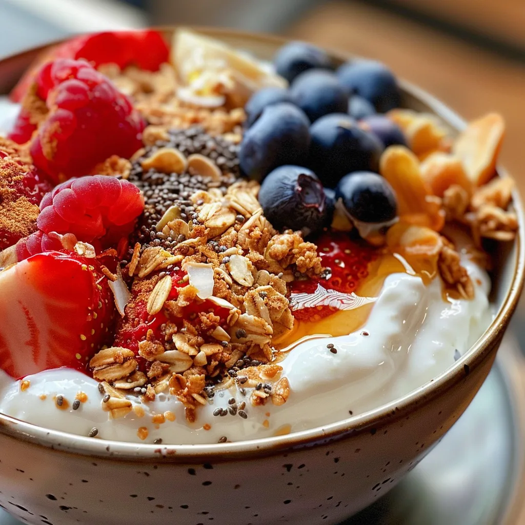 Delicious-looking Greek yogurt bowl with an assortment of toppings including nuts and cinnamon.