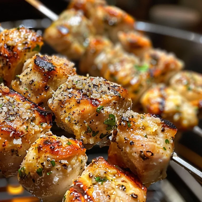 Elevate Your Summer BBQ with Grilled Garlic Parmesan Chicken Skewers Appetizing grilled chicken pieces on skewers, showcasing melted Parmesan and roasted garlic.