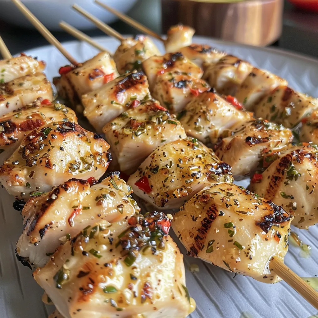 Delicious chicken skewers, beautifully charred, featuring a coating of garlic and cheese.