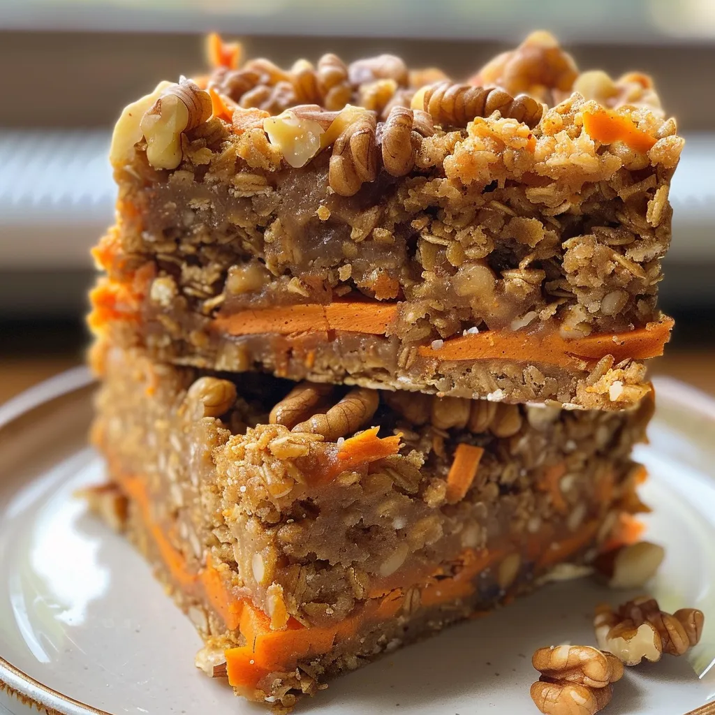Delicious no-bake carrot cake bars arranged neatly with visible oats and coconut flakes.