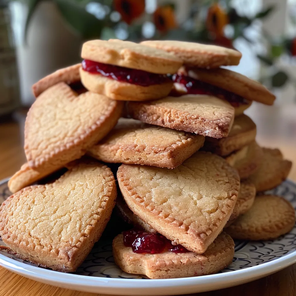 A side view of freshly baked heart-shaped jam cookies, highlighting their design.