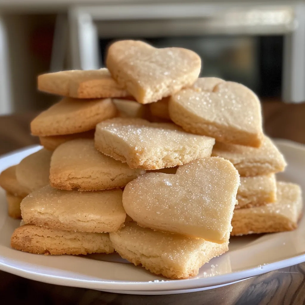 A detailed view of heart-shaped sugar cookies, highlighting their buttery appearance.