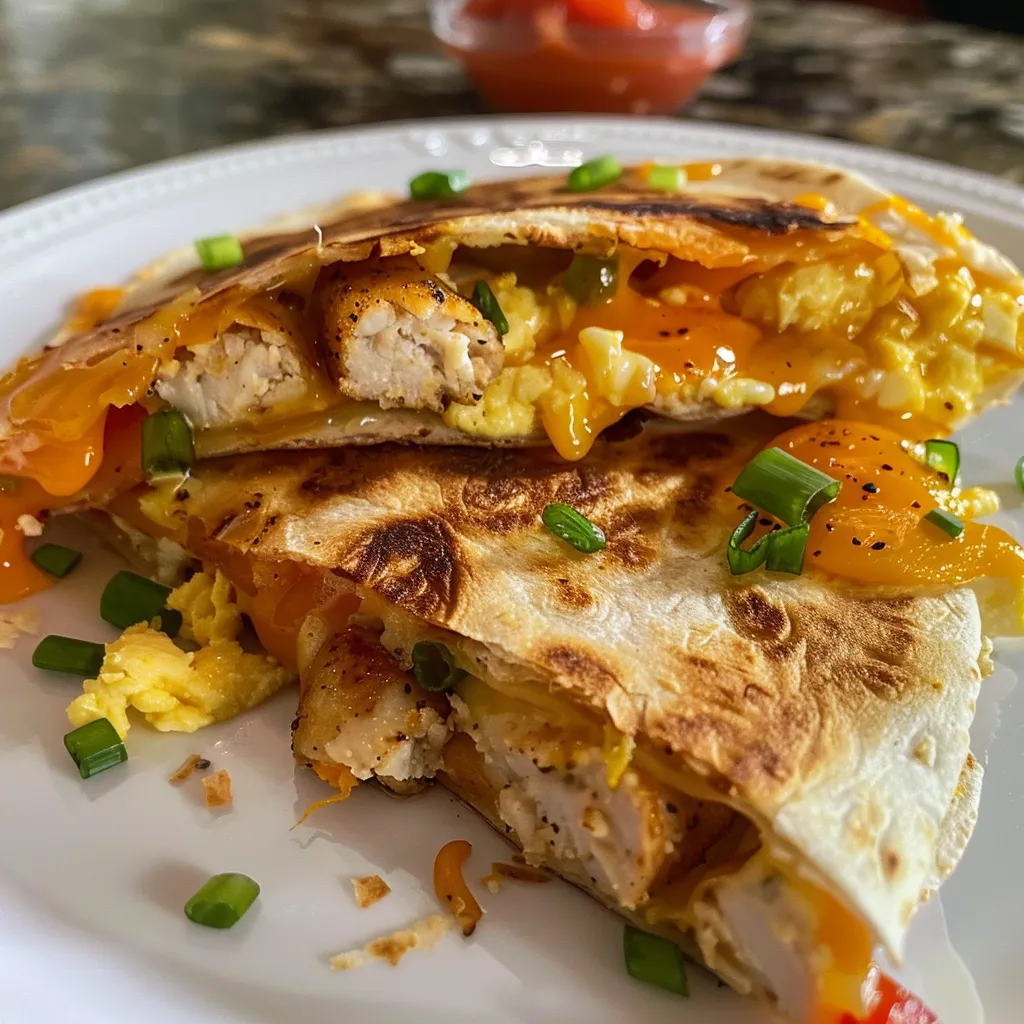 Tasty breakfast quesadilla cut in half, revealing its savory filling of chicken sausage and cottage cheese.