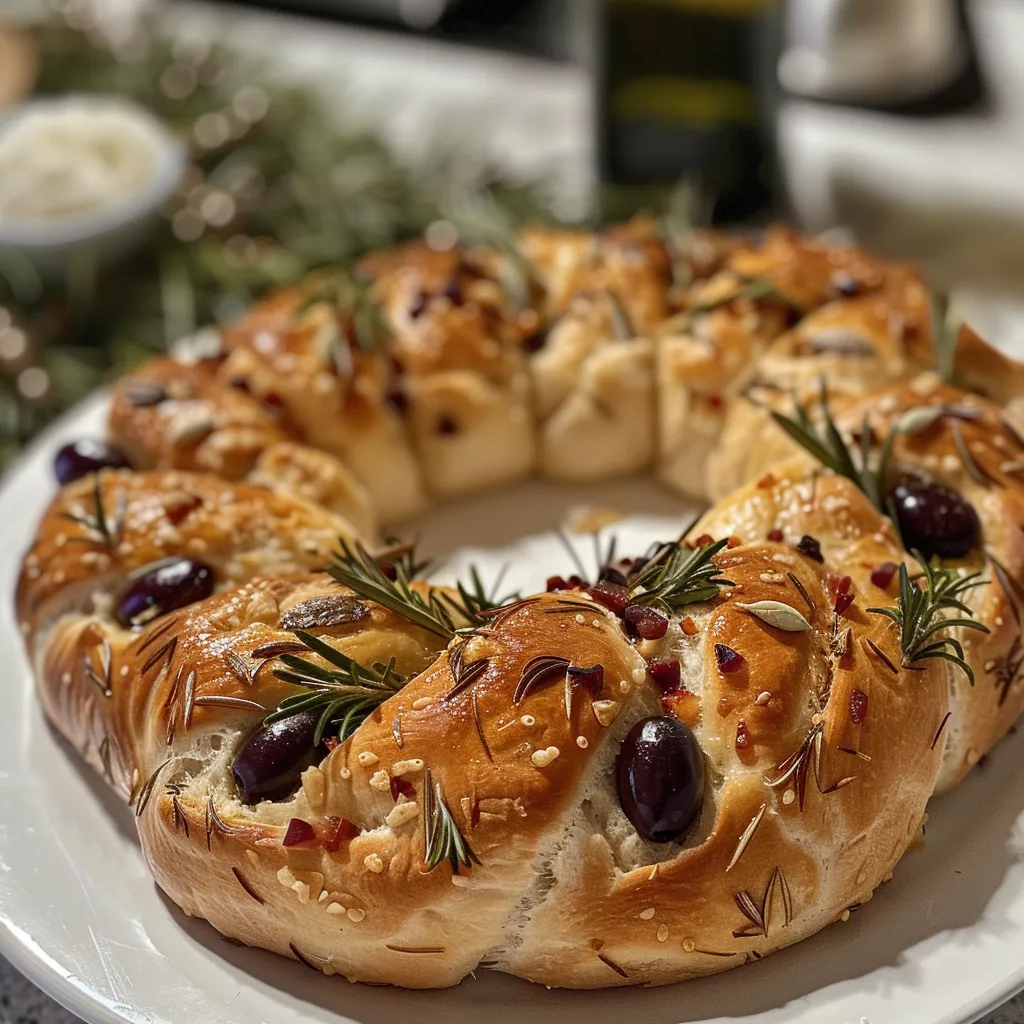 Detailed shot of a festive Holiday Focaccia Wreath decorated with olives and rosemary.