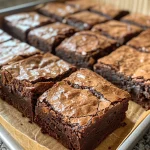 Detailed image of homemade brownies with shiny top and dark chocolate color.