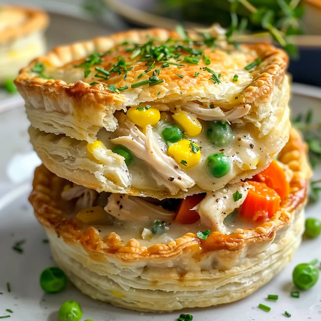 Juicy mini chicken pot pies displayed on a rustic wooden table.