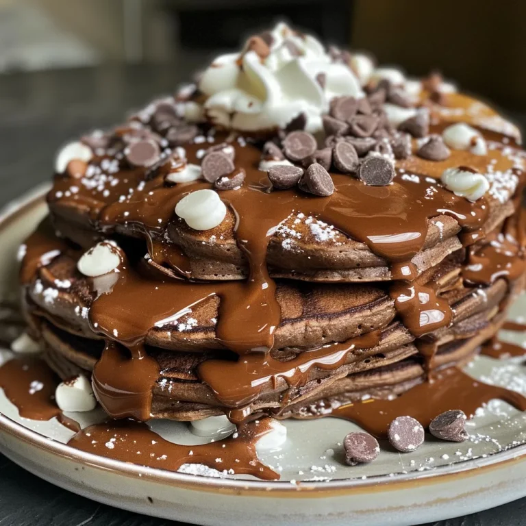 Juicy hot chocolate pancakes stacked and adorned with a generous layer of whipped cream and chocolate chips.