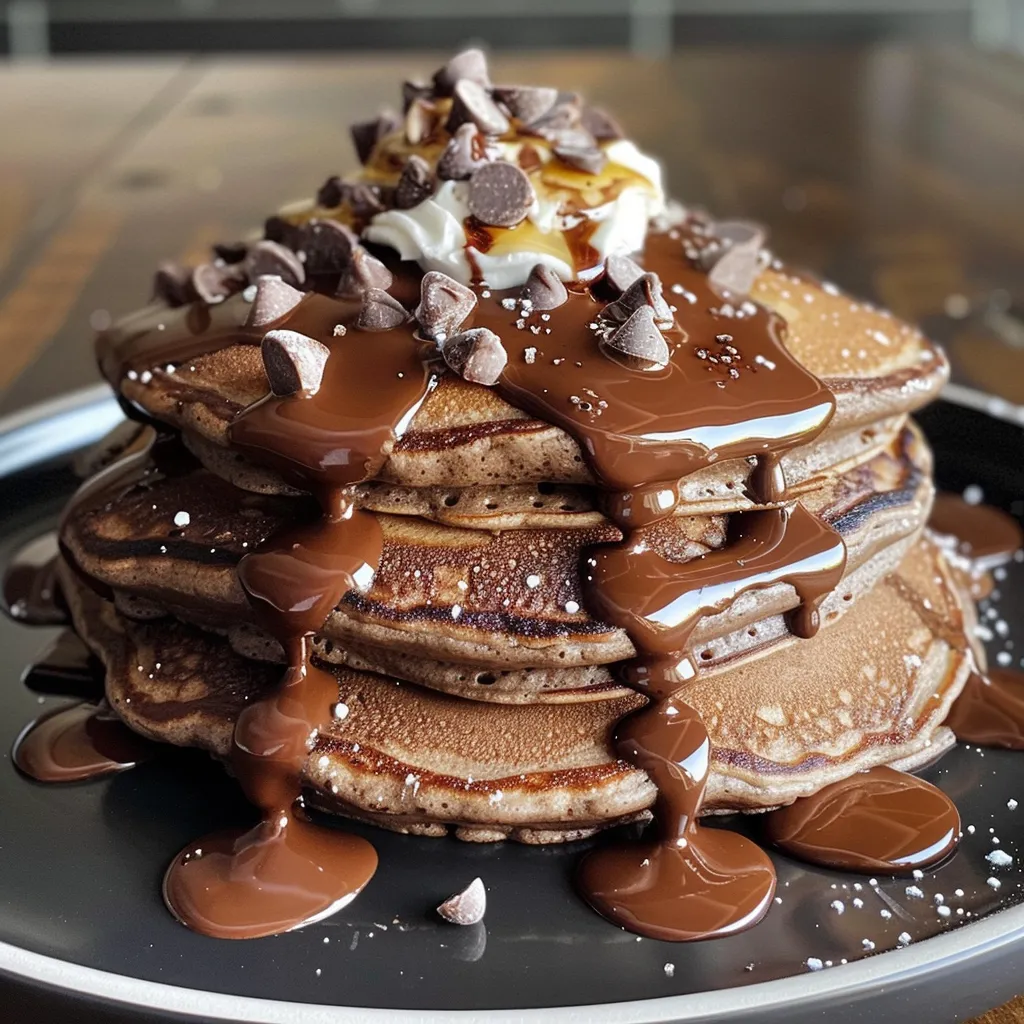 Deliciously plated hot chocolate pancakes with whipped cream and chocolate chip topping in a close-up shot.