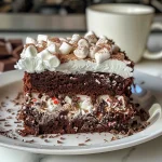 Delicious slice of Hot Cocoa Cake featuring a soft crumb and cocoa frosting, sprinkled with crushed peppermint.
