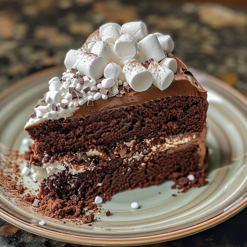 Beautifully presented Hot Cocoa Cake showcasing layers of chocolate and topped with fluffy marshmallows.