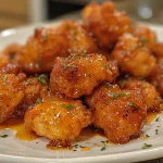 Air-fried chicken bites drizzled with honey and hot sauce, presented on a dish.