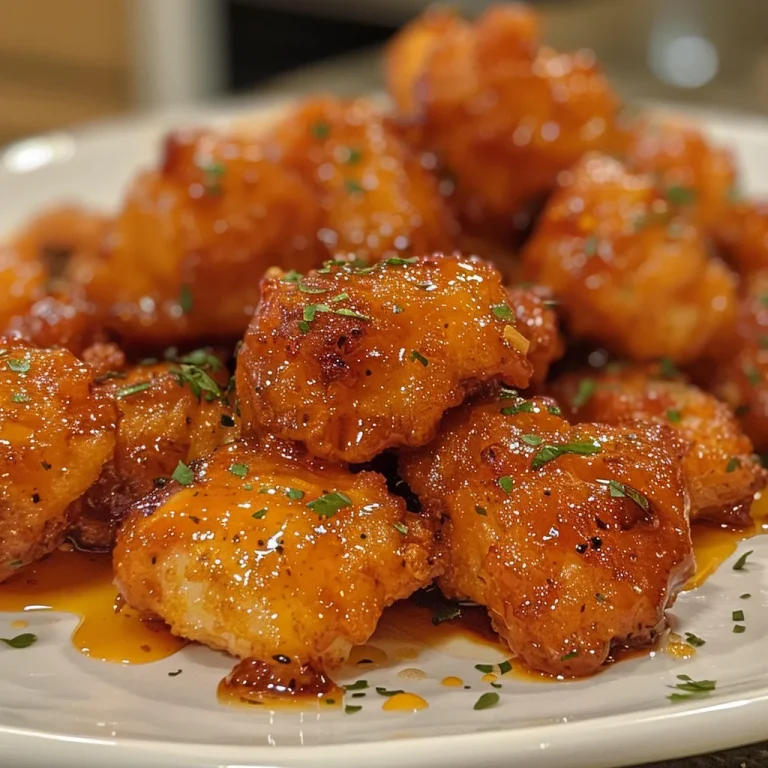 Air-fried chicken bites drizzled with honey and hot sauce, presented on a dish.