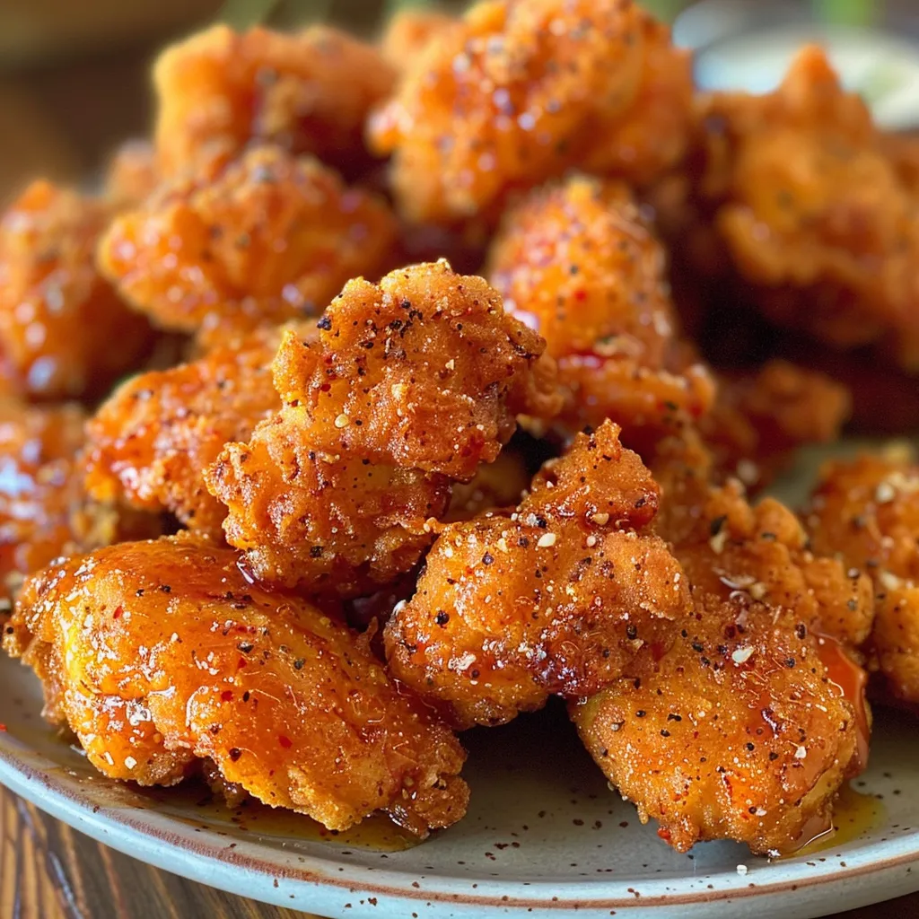 Appetizing Hot Honey Chicken Bites arranged elegantly, with a honey drizzle glistening on top.