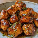 Bite-sized chicken morsels in a glossy, sweet and spicy coating.