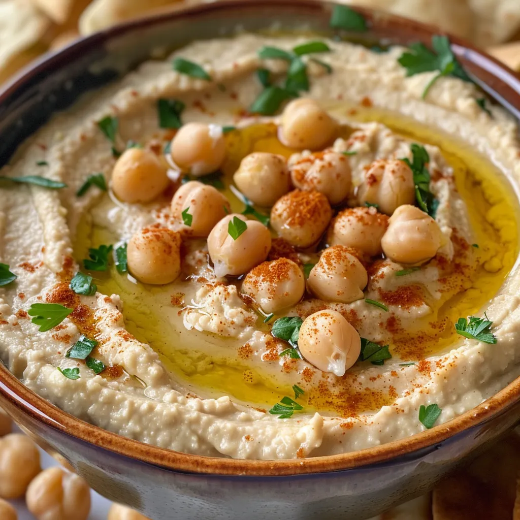 Creamy hummus displayed in a dish, showcasing a vibrant surface and garnishes.